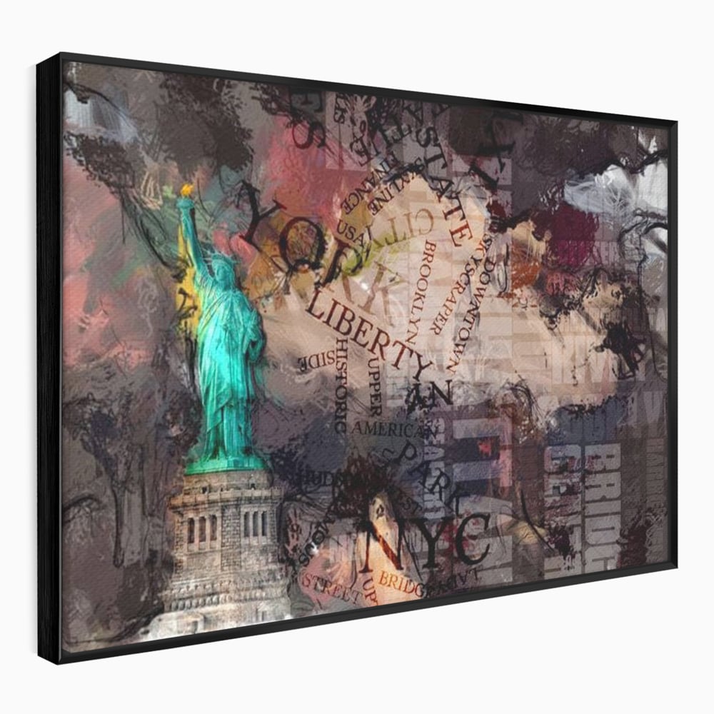 Tablou canvas cu tablou canvas cu statuia libertatii si text, in rama de aluminiu negru